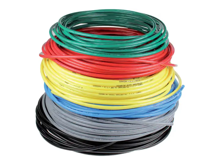 Parker polyurethane and polyamide pneumatic tubing coils in green, red, yellow, blue, grey and black
