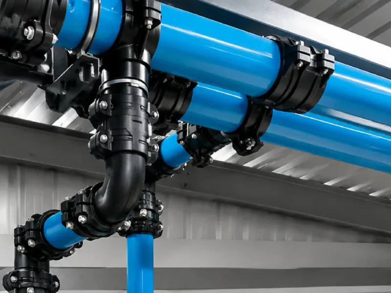 Luthra Pneumsys blue aluminium compressed air piping with press-fit couplings below a plant roof