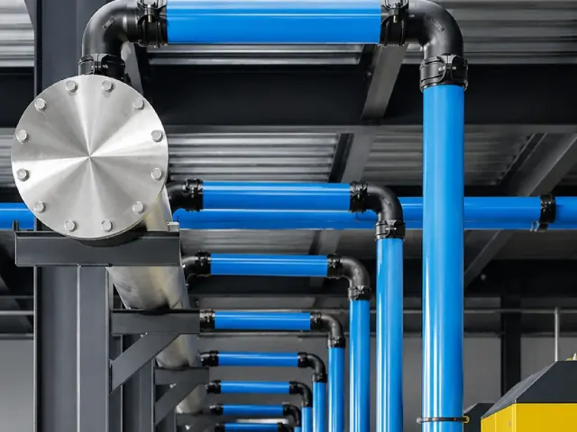 Luthra Pneumsys compressed air ring main with drop legs above a production floor