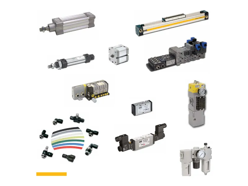 Parker pneumatic product range: ISO, round-body and compact cylinders, Origa rodless cylinder, valve islands, solenoid valves, push-in fittings, tubing and air preparation units