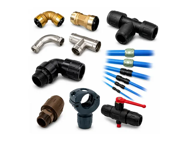 Transair pipe couplings, elbows, tees, ball valves and pipe clamps with blue aluminium pipe